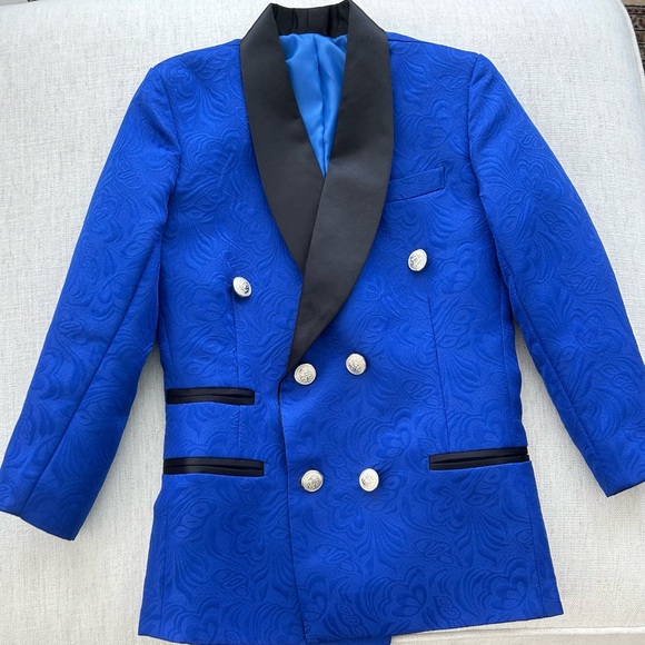 Boys Royal Blue Jacquard Double Breasted Tuxedo Suit (8/9 year) - Picture 10 of 16